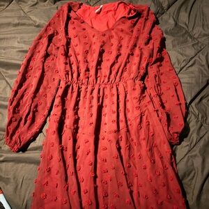 Red Long-Sleeve Textured Dress
